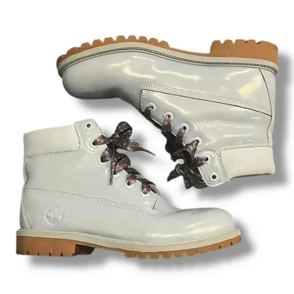 Timberland Junior Girls Sz 7 6” Premium WP Baby Blue Shine 1991A Leather Floral - Picture 2 of 15